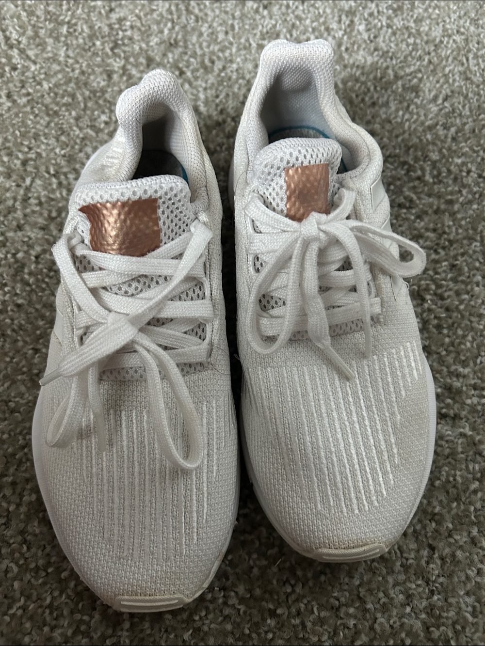 adidas Women's White Knit Athletic Sneakers with Rose Gold Tongue Detail